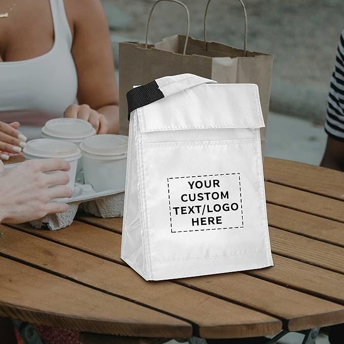 DISCOUNT PROMOS 50 Hook and Loop Insulated Lunch Bags Set - Customizable Text, Logo - Polyester, Durable, Vibrant, Reusable - White
