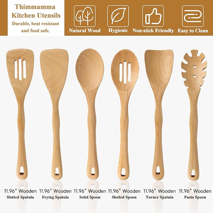 Wooden Spatula Set, 6 Pack Kitchen Wood Slotted Spoon Spatulas Turner Utensils - Image 6