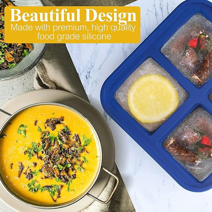 1 Cup Silicone Freezer Tray with Lid 1 Pack - Make 4 Perfect 1-Cup Portions - Easy Release Molds for Food Storage & Freeze Soup, Broth, Stew or Sauce