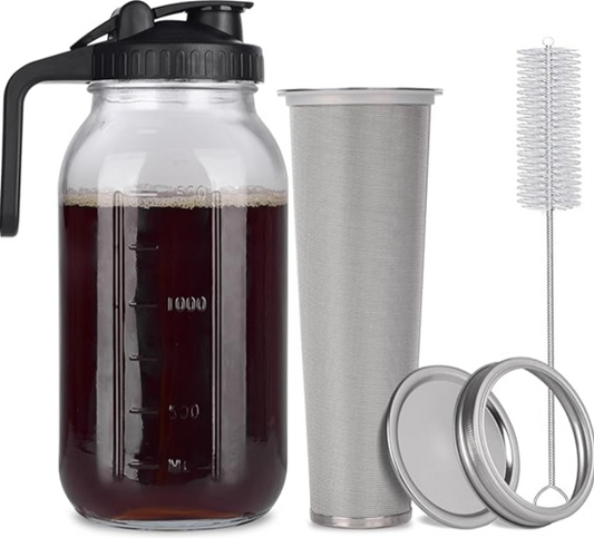 Cold Brew Mason Jar iced Coffee Maker, Durable Glass, - 64 oz (2 Quart / 1.9 Liter), With Handle& Stainless Steel Filter for Iced Brew Coffee, Lemonade, Ice Tea, Homemade Fruit Drinks Container
