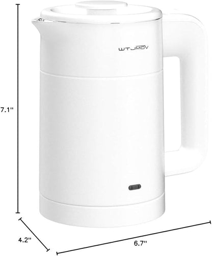 0.6L Small Electric Tea Kettle Lightweight, 20 Ounce Double Wall Hot Water Boiler Stainless Steel Auto Shut-off, 120V Portable Travel Electric Kettle Fast Boil for Tea and Coffee,White