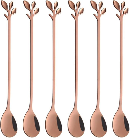 AnSaw 6-Piece Elegant Rose Gold Leaf Long Handle Teaspoons by AnSaw