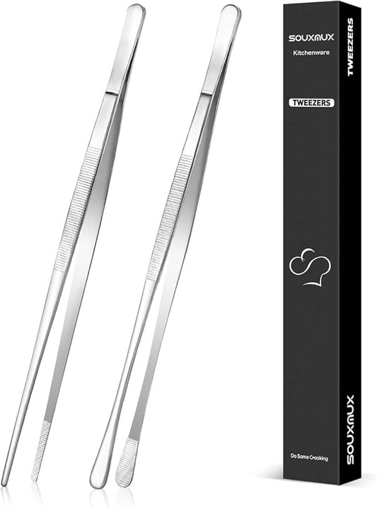 2 Pcs 10-inch Cooking Tweezers Tongs Precision Serrated Tips, Stainless Steel by SOUXMUX