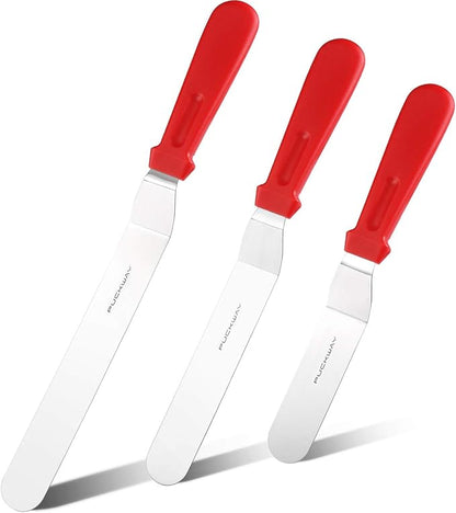 Offset Spatula set of 3 Red 6 8 & 10 Inch Cake Frosting Angled Icing Spatula by PUCKWAY