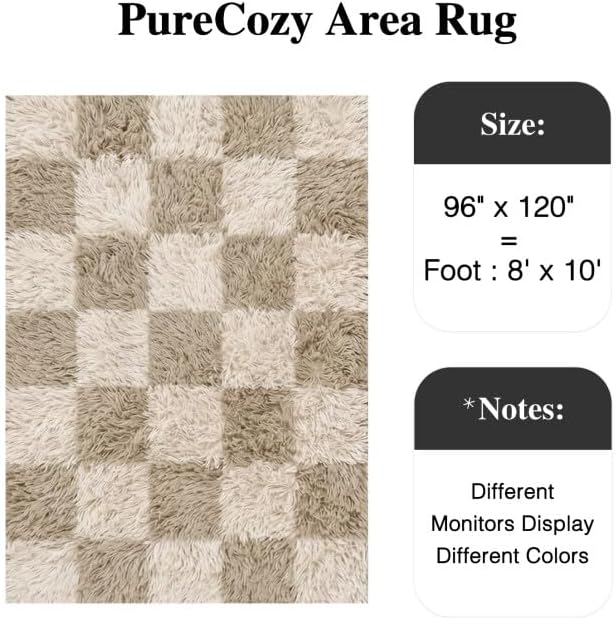 PureCozy Beige 8x10 Area Rugs for Living Room Soft Shag Checkered Large Rug - Image 2