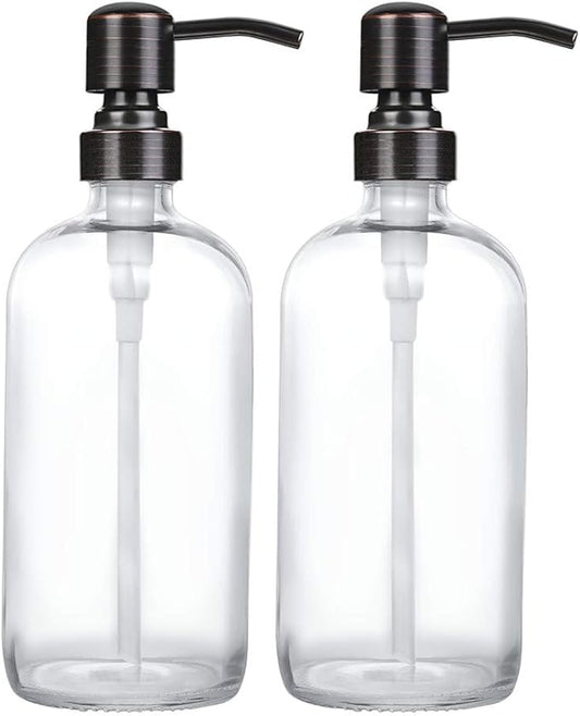 2 Pack Thick Clear Glass Boston Round Bottles /Oil Rubbed Bronze Stainless by Unknown