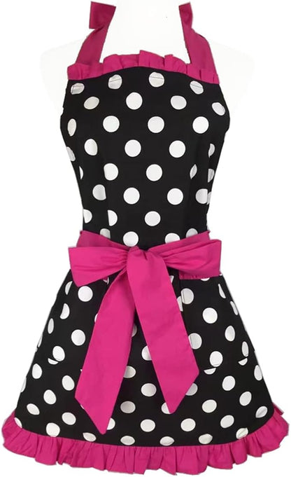 Hyzrz Cute Apron Retro Black Polka Dot Retro Ruffle Side Vintage Cooking Aprons by Hyzrz