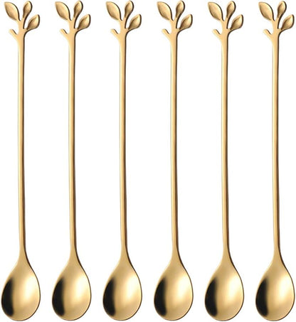 AnSaw 6-Piece Elegant Gold Leaf Long Handle Teaspoons by AnSaw