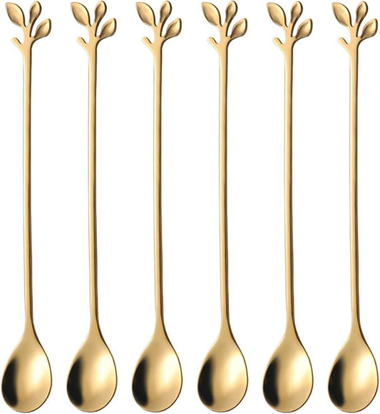 AnSaw 6-Piece Elegant Gold Leaf Long Handle Teaspoons by AnSaw