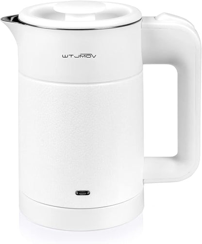 0.6L Small Electric Tea Kettle Lightweight, 20 Ounce Double Wall Hot Water Boiler Stainless Steel Auto Shut-off, 120V Portable Travel Electric Kettle Fast Boil for Tea and Coffee,White
