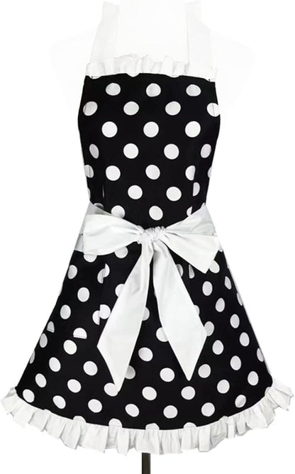 Hyzrz Cute Apron Retro Black Polka Dot Retro Ruffle Side Vintage Cooking Aprons by Hyzrz