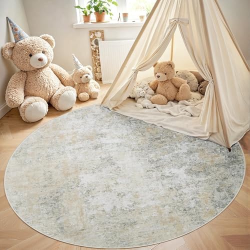 Aelenmu Round Rug 6ft Washable Rug for Dining Room Living Room Beige Grey - Image 4