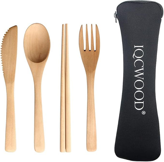 Wooden Cutlery Set Portable, Wooden Flatware, 4 Piece Pack of Wooden Utensils by IQCWOOD