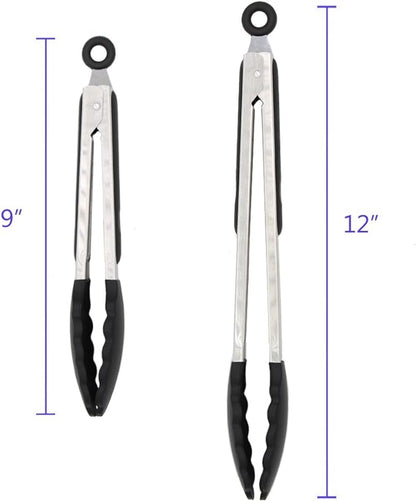 2 Pack Black Kitchen Tongs, Premium Silicone BPA Free Non-Stick Stainless Steel - Image 3