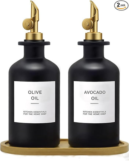 Olive Oil Dispenser Set, 2 x 11.8oz Black Glass Bottles by Gelury