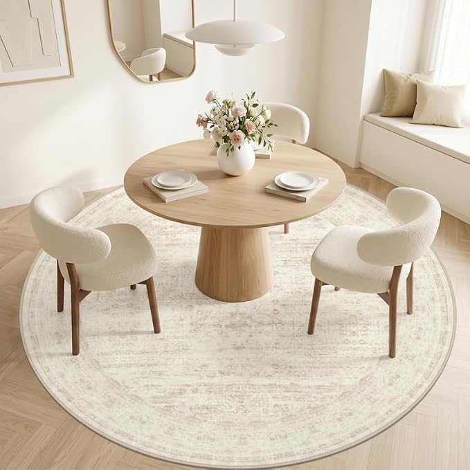 Round Area Rug for Living Room: 8ft Vintage Boho Neutral Washable Circle Rug - Image 2