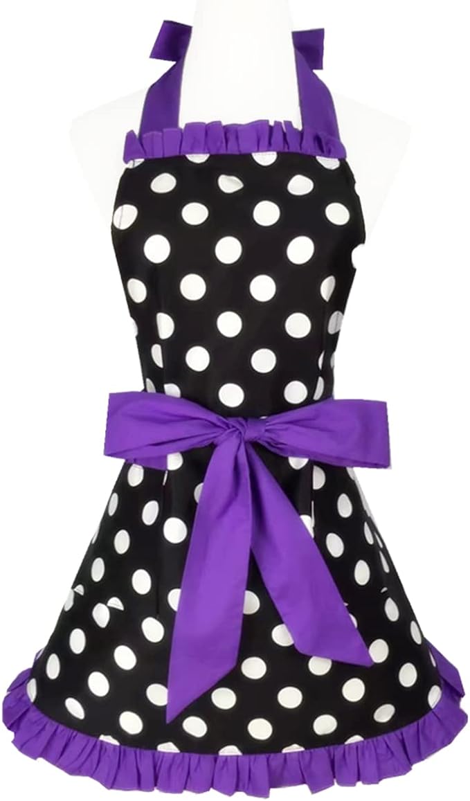 Hyzrz Cute Apron Retro Black Polka Dot Retro Ruffle Side Vintage Cooking Aprons by Hyzrz