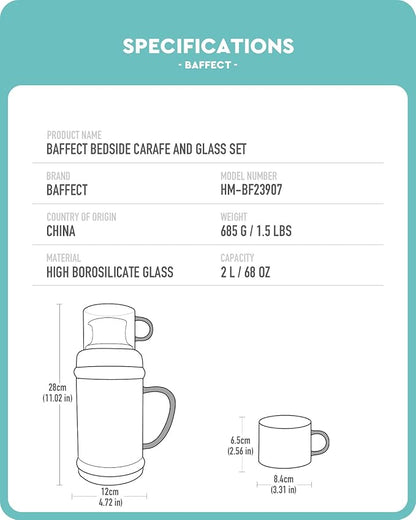 Baffect Bedside Water Carafe And Glass Set, High Borosilicate Glass Pitcher - Image 6