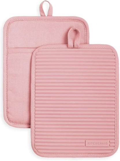 KitchenAid Ribbed Soft Silicone Pot Holder 2-Pack Set, Dried Rose by KitchenAid