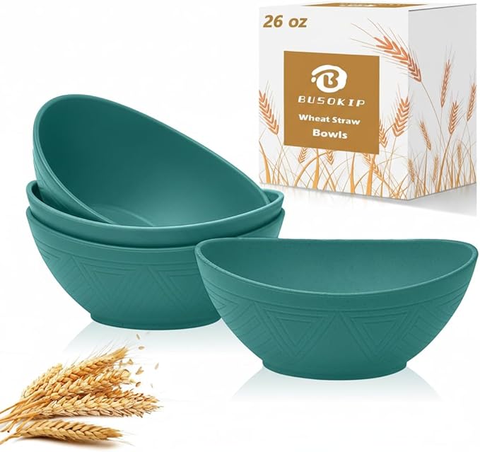 Wheat Straw Cereal Bowls Set of 4, Plastic Bowls Reusable 26 OZ, Unbreakable by BUSOKIP