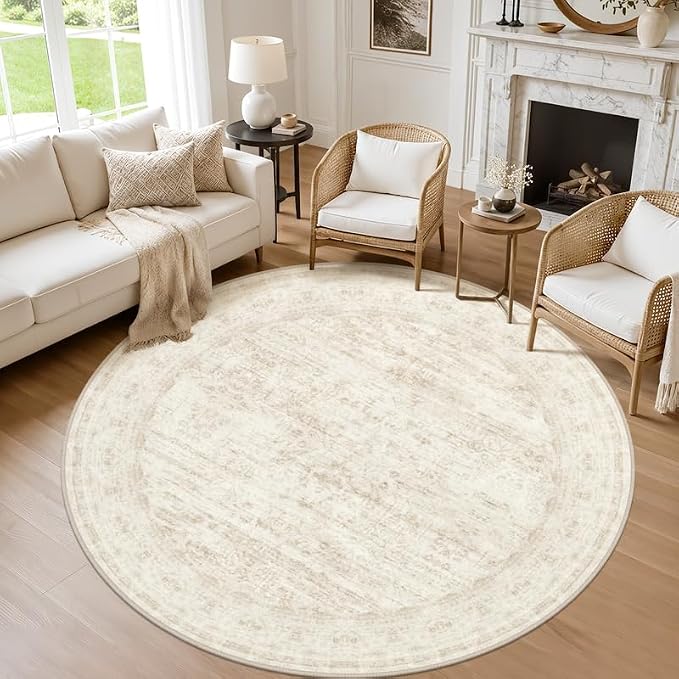 Round Area Rug for Living Room: 8ft Vintage Boho Neutral Washable Circle Rug by Luxturiy
