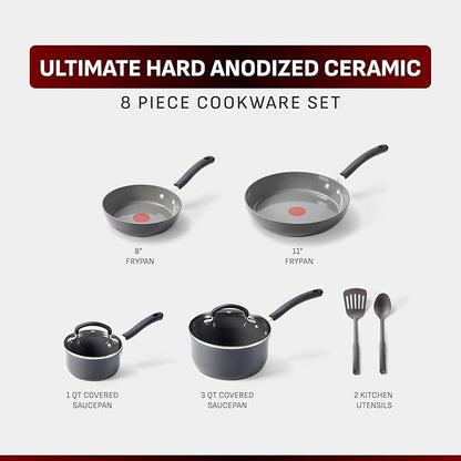 T-Fal Ultimate Hard Anodized Ceramic Nonstick 8 Piece Cookware Set, Oven Safe - Image 2