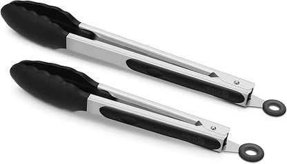 2 Pack Black Kitchen Tongs, Premium Silicone BPA Free Non-Stick Stainless Steel by ALLWIN-HOUSEWARE