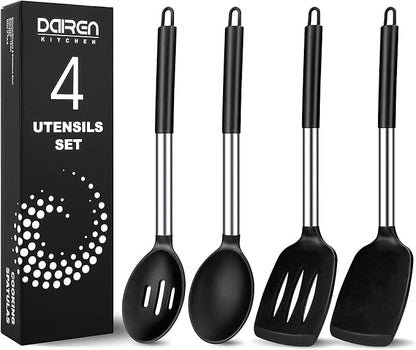 Pack of 4 Large Silicone Cooking Spatulas and Spoons, Slotted and Solid by DaiRenKitchen