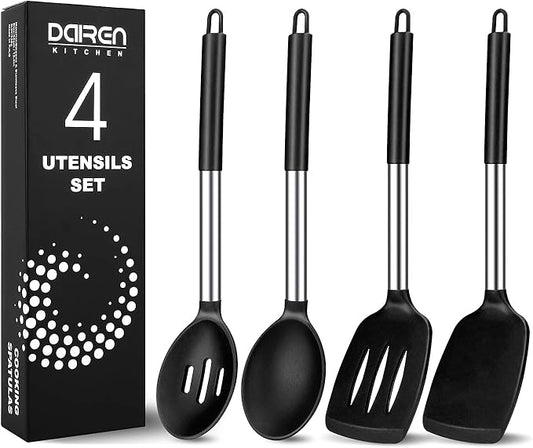 Pack of 4 Large Silicone Cooking Spatulas and Spoons, Slotted and Solid by DaiRenKitchen