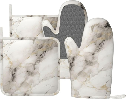 Oven Mitts and Pot Holders Set, Marble Pattern Gray White Silicone Kitchen by DADABULIU