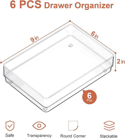 SMARTAKE 6 PCS Clear Plastic Drawer Organizers Set, Large Size Non-Slip Desk - Image 2