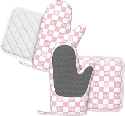Oven Mitts and Pot Holders Pink Check Bow Pattern Silicone Kitchen Accessories - Image 2