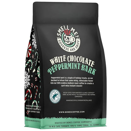 Bones Coffee Company White Chocolate Peppermint Bark Flavored Coffee, Medium Roast Low Acid Arabica Beans Compatible with Auto drip and French Press Coffee Maker, 12 Oz Ground