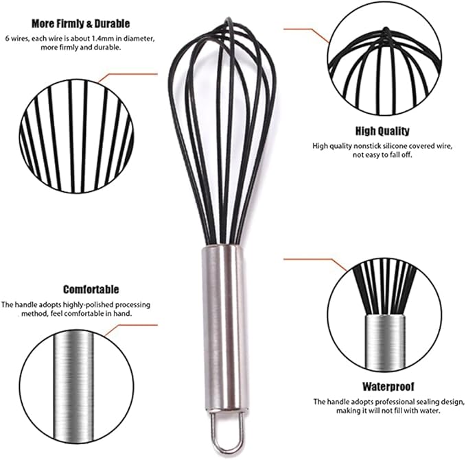 Silicone Whisk set of 3, 8+10+12in Kitchen Balloon Wire Whisks, Hand Egg Mixer - Image 3
