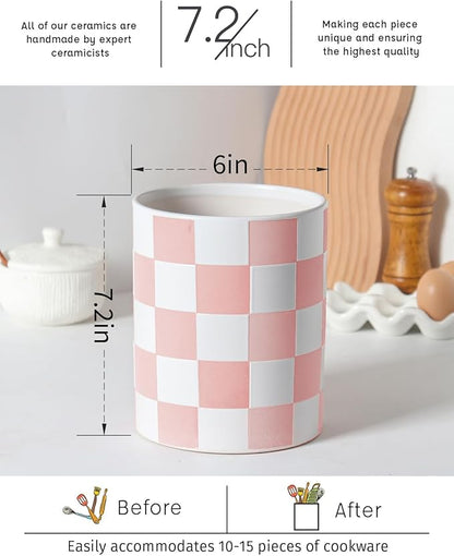 Utensil Holder，7.2 Inch Checkered Utensil Holder, Ceramic Cooking Utensil - Image 4