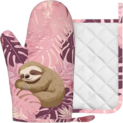 Pink Sloth Heat-Resistant Oven Mitts and Pot Holder Cute Animal Kitchen - Image 2