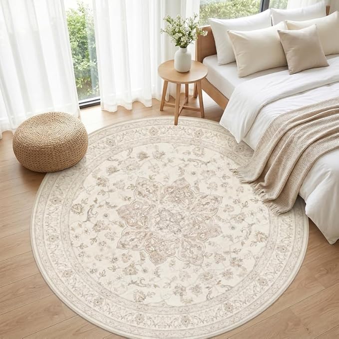 Round Area Rug for Living Room: 6ft Vintage Boho Neutral Washable Circle Rug - Image 4