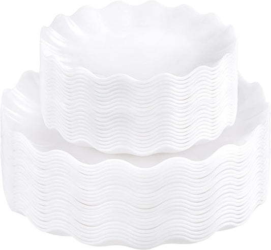 LIYH 50 Pcs White Scalloped Plastic Plates Reusable - Unbreakable Plastic Plates for Weddings Party Outdoor Picnics Dishwasher Safe BPA Free (25Guests)