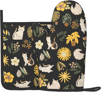 Cute Cats Flowers Garden Silicone Oven Mitts Pan Mats Set of 2, Heat Resistant by Cayiibe