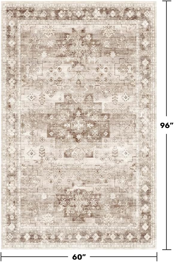 Hazo Haus Washable Neutral Farmhouse Living Room Rug, 5x8 Area Rugs - Image 2