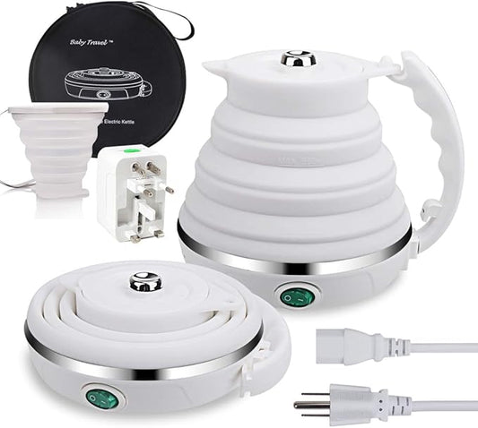 Upgrade Travel Kettle, ShineMe Food Grade Silicone Dual Voltage 110-220V Ultrathin Portable Electric Water Kettle with Cup, Universal Adaptor and Detachable Power Cord, 555ML (White)