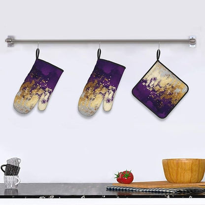 3 - Piece Purple and Gold Splash Patterned Oven Mitts and Pot Holders Set - Image 5
