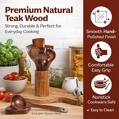 9 Piece Premium Teak Wooden Cooking Utensils Set- Spoons and Spatulas - Image 4