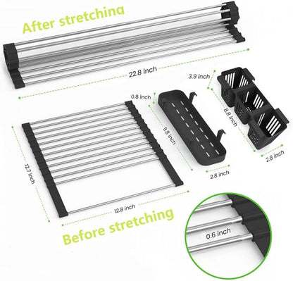 Black Expandable Roll Up Dish Drying Rack Up to 22.8''with 2 Storage Baskets - Image 6