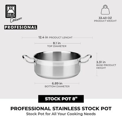 BRA COOKWARE Profesional 18/10 Stainless Steel Stock Pot w/Glass Lid | 8 Inch - Image 3