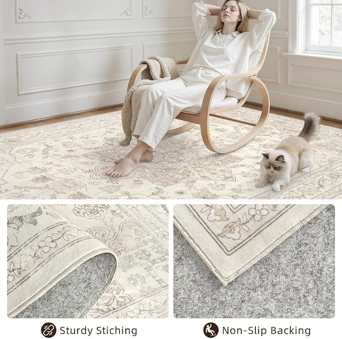 Machine Washable Area Rugs 2x3: Vintage Boho Neutral Washable Rug Indoor Soft - Image 7