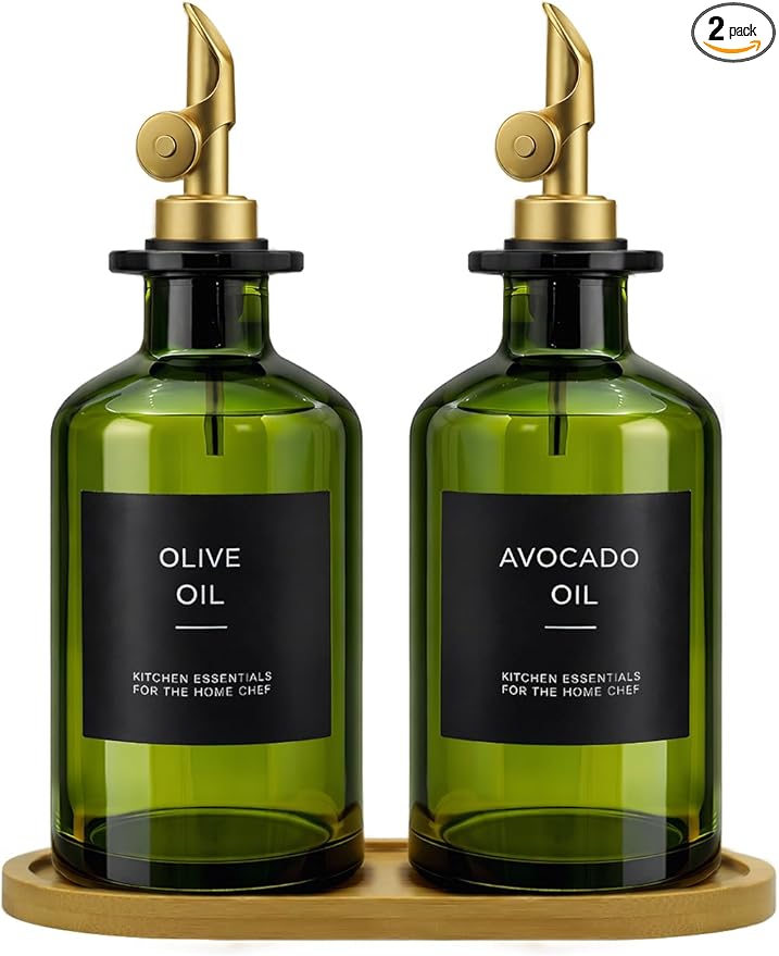 Olive Oil Dispenser Set, 2 x 11.8oz Deep Green Glass Bottles by Gelury