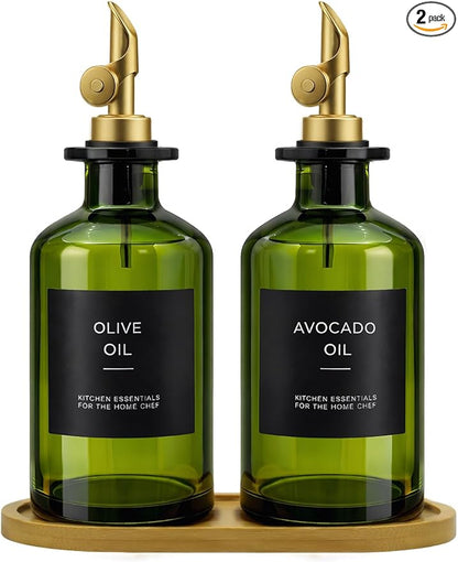 Olive Oil Dispenser Set, 2 x 11.8oz Deep Green Glass Bottles by Gelury