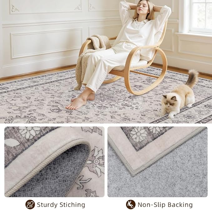 5x7 Area Rugs for Living Room: Vintage Boho Neutral Washable Rug Indoor Soft - Image 4
