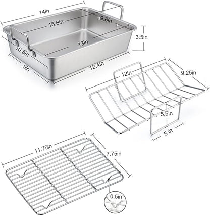 TeamFar Roasting Pan with Rack, 14 Inch Stainless Steel Turkey Roaster Lasagna - Image 2
